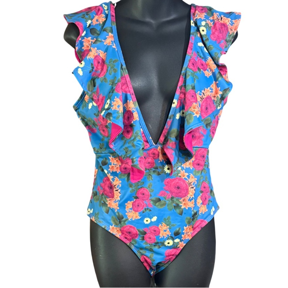 one-piece floral print swimsuit in multicolor deep V-neck ruffle trim med
